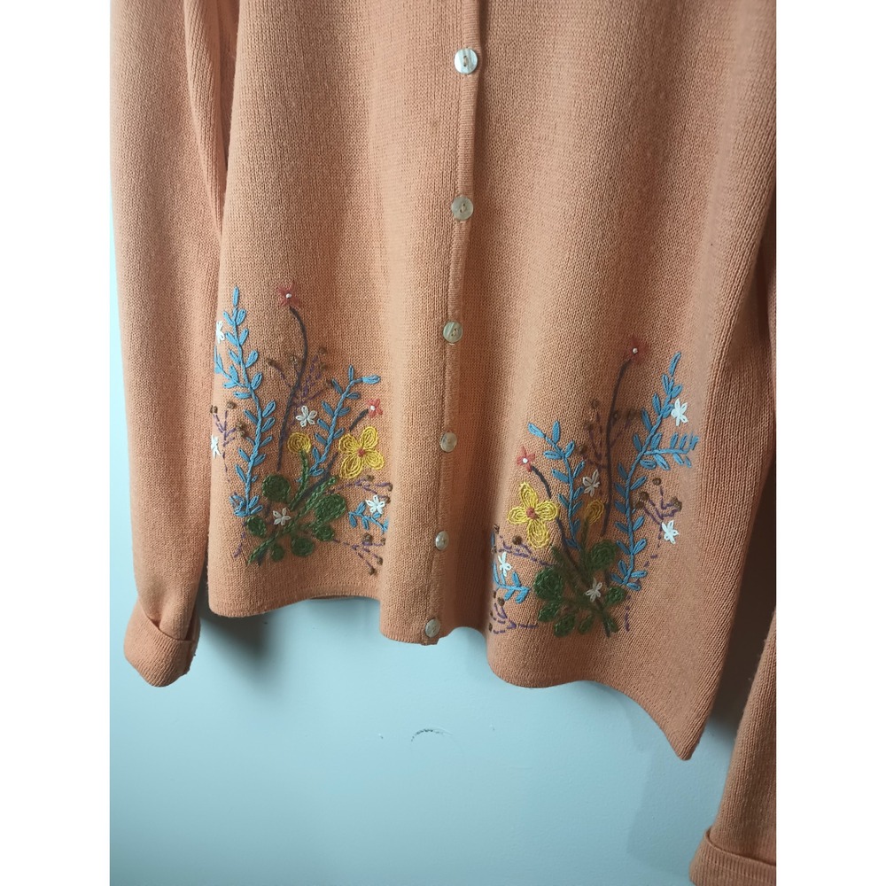 Liz Claiborne Vintage Boho Fairy Wool Floral Embroidered Cardigan Peach Large - Picture 2 of 5